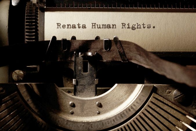 Image Description: Brown & Cream Coloured Image Depicting a Typewriter With Wording "Renata Human Rights." Typed On Paper. Image Credit: PhotoFunia.com Category: Vintage Typewriter.